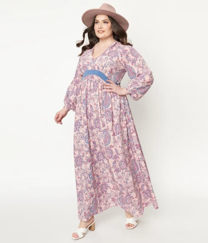 Unique Vintage Plus Size 1970s Pink Paisley Print Buttercup Maxi Dress made by Unique Vintage
