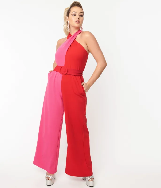 Smak Parlour 1970s Red & Pink Colorblock Draped Darling Jumpsuit sold by Unique Vintage