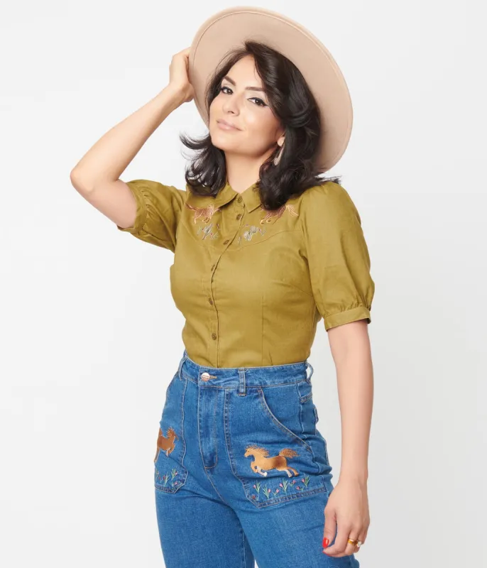1970s Green Cowgirl Linen Button Up Blouse sold by Unique Vintage