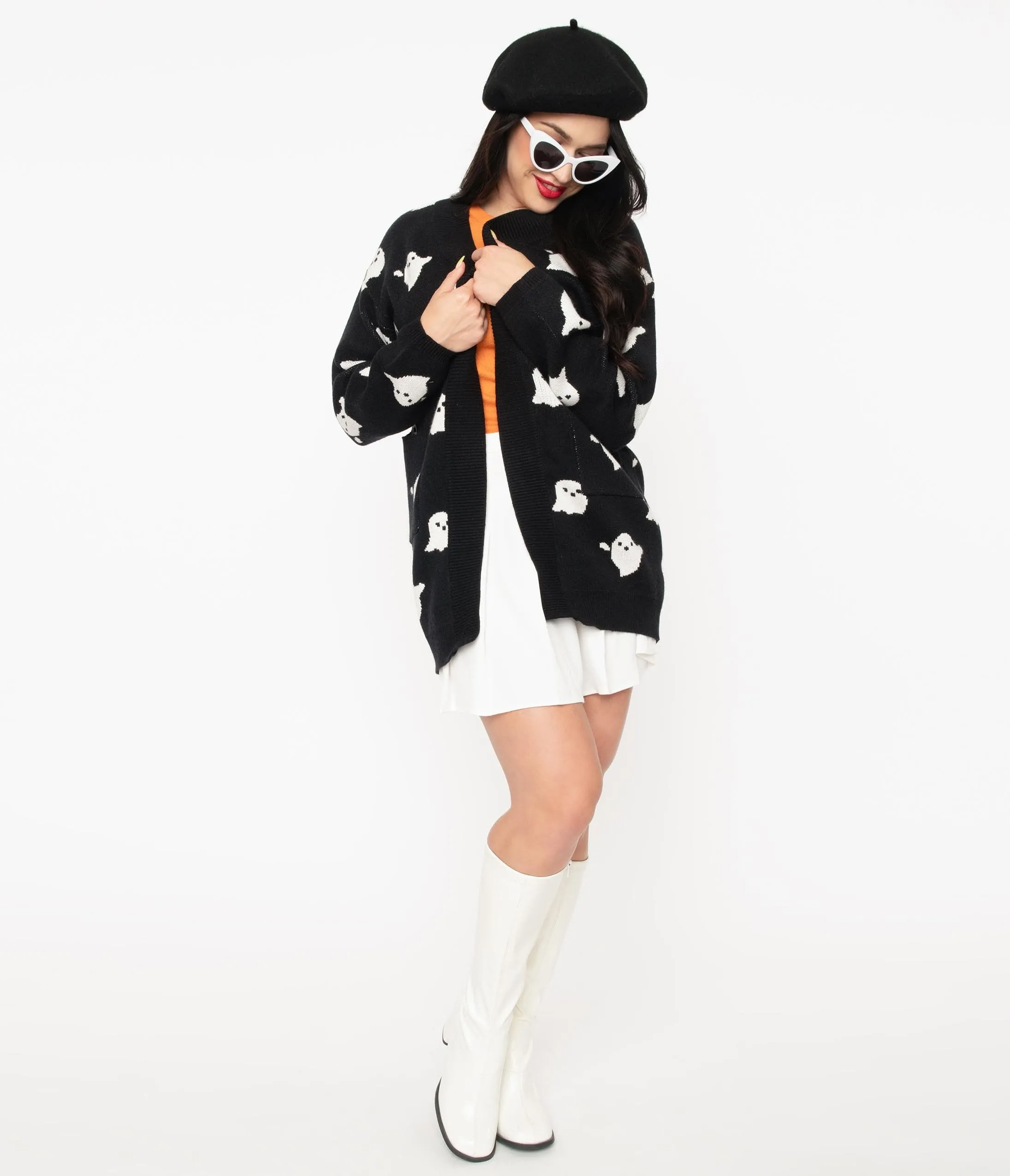 Black & White Ghosts Open Long Cardigan sold by Unique Vintage product image thumbnail 4