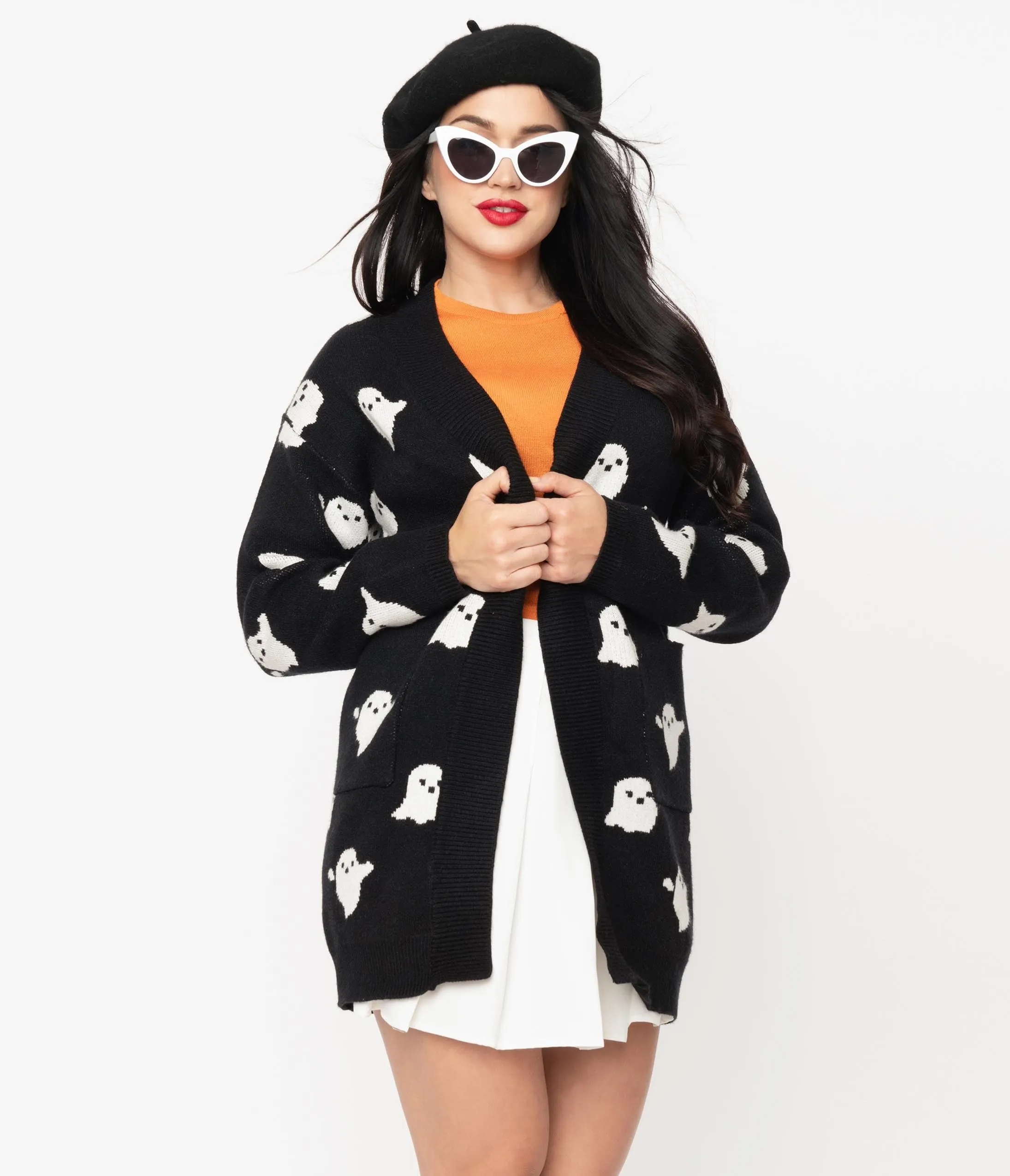 Black & White Ghosts Open Long Cardigan sold by Unique Vintage