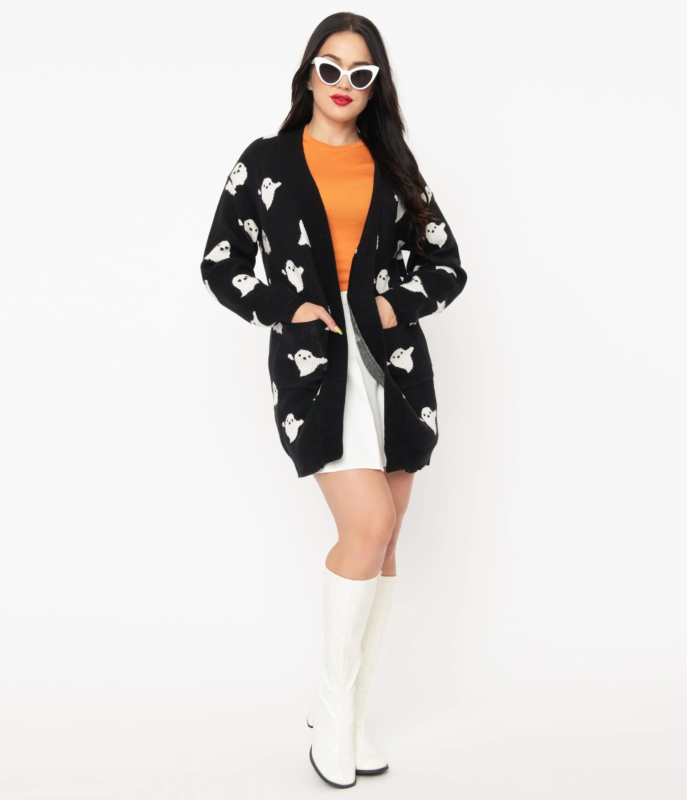 Black & White Ghosts Open Long Cardigan sold by Unique Vintage product image thumbnail 5