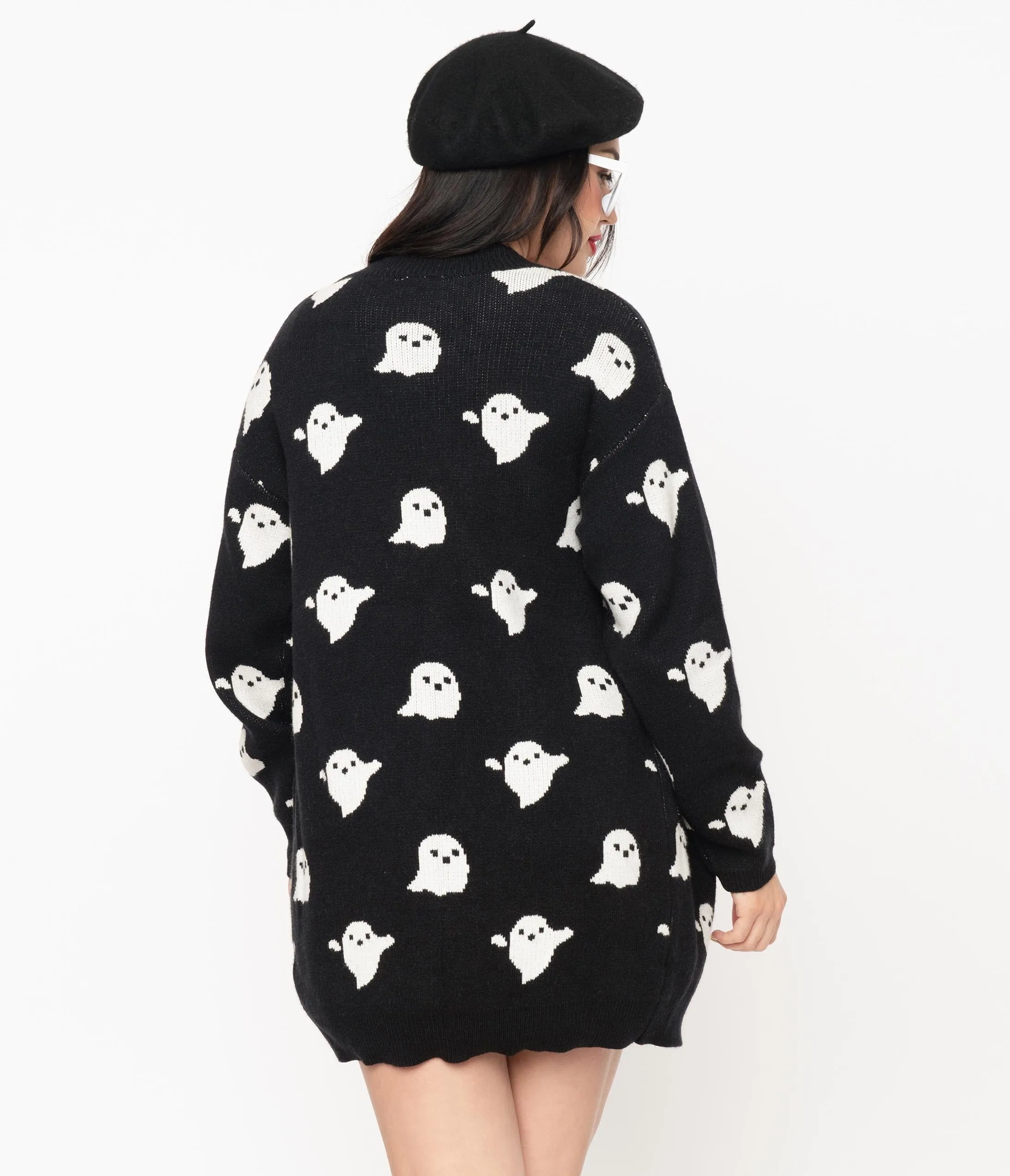 Black & White Ghosts Open Long Cardigan sold by Unique Vintage product image thumbnail 2