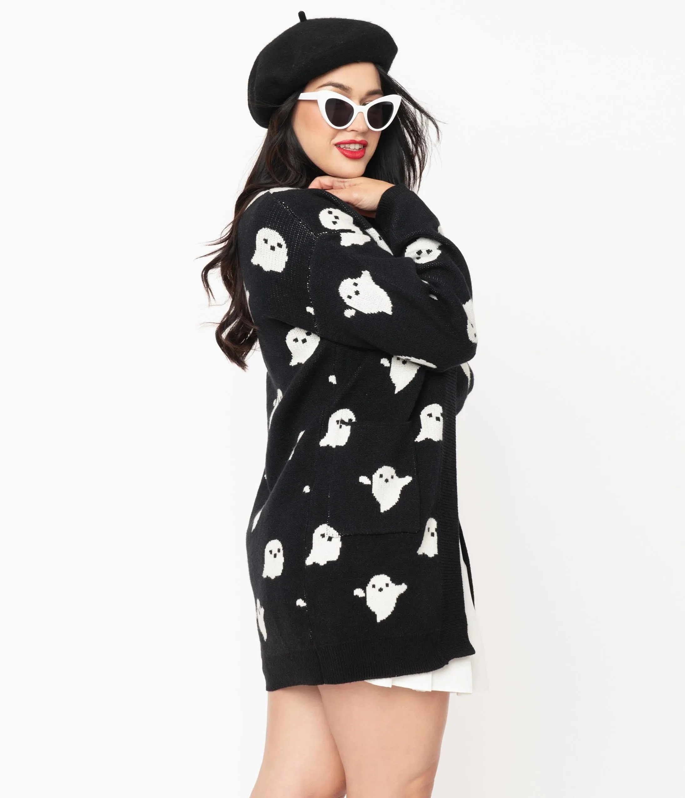 Black & White Ghosts Open Long Cardigan sold by Unique Vintage product image thumbnail 3