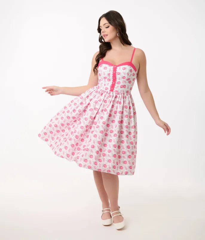 Unique Vintage 1950s White & Pink Snail Cotton Swing Dress sold by Unique Vintage