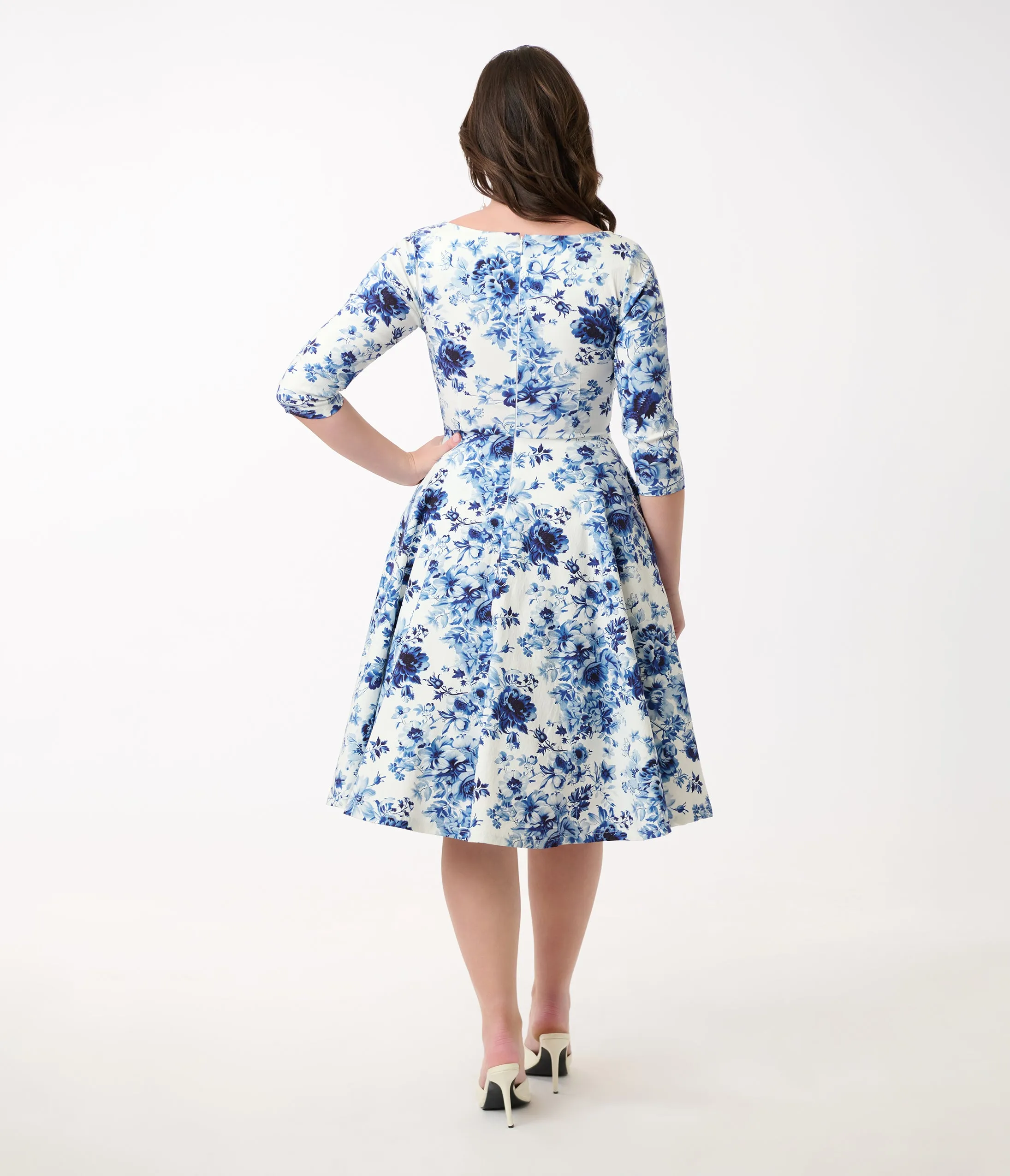 Unique Vintage 1950s White & Blue Floral Pleated Bust Swing Dress sold by Unique Vintage product image thumbnail 2