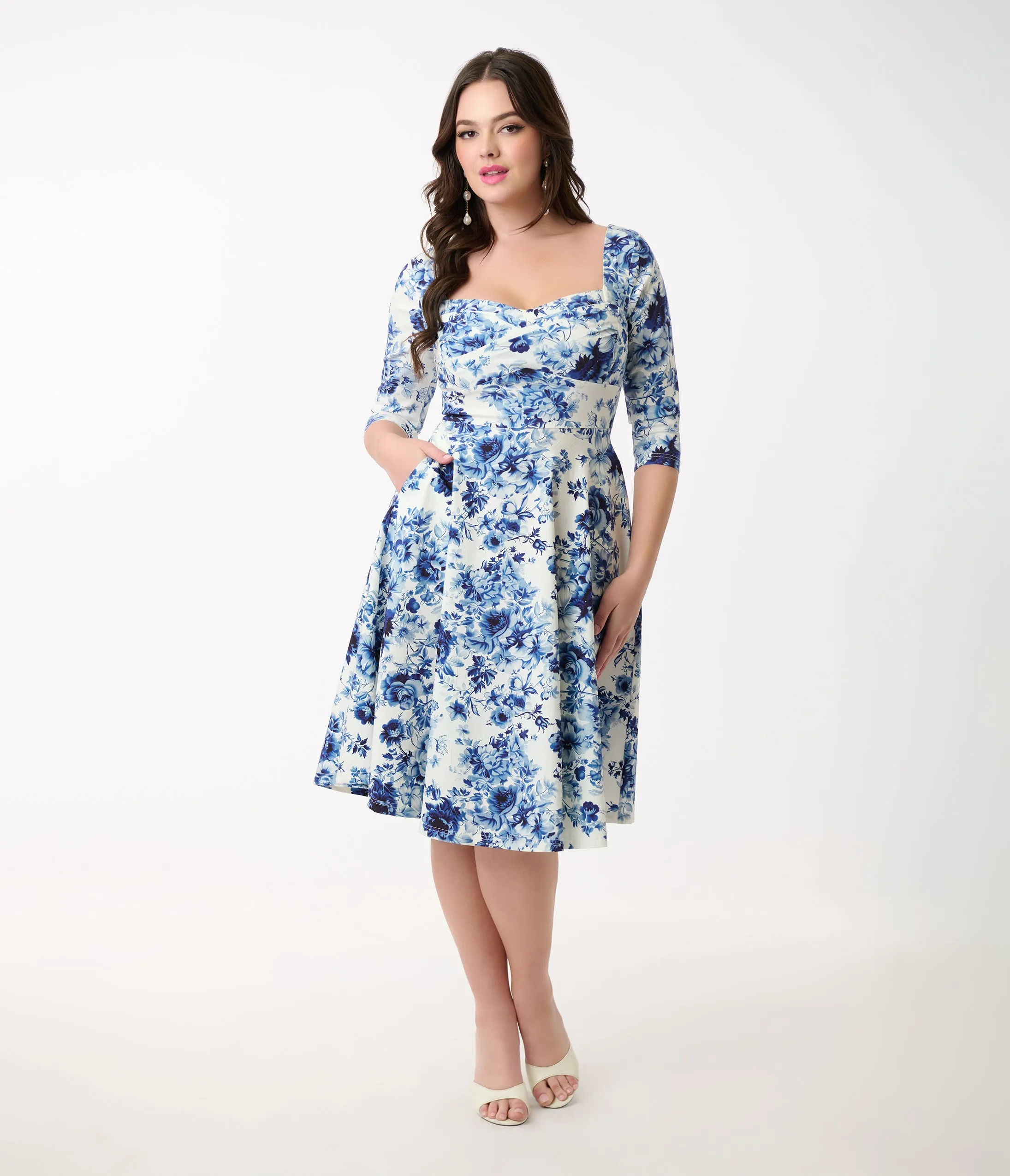 Unique Vintage 1950s White & Blue Floral Pleated Bust Swing Dress sold by Unique Vintage product image thumbnail 3