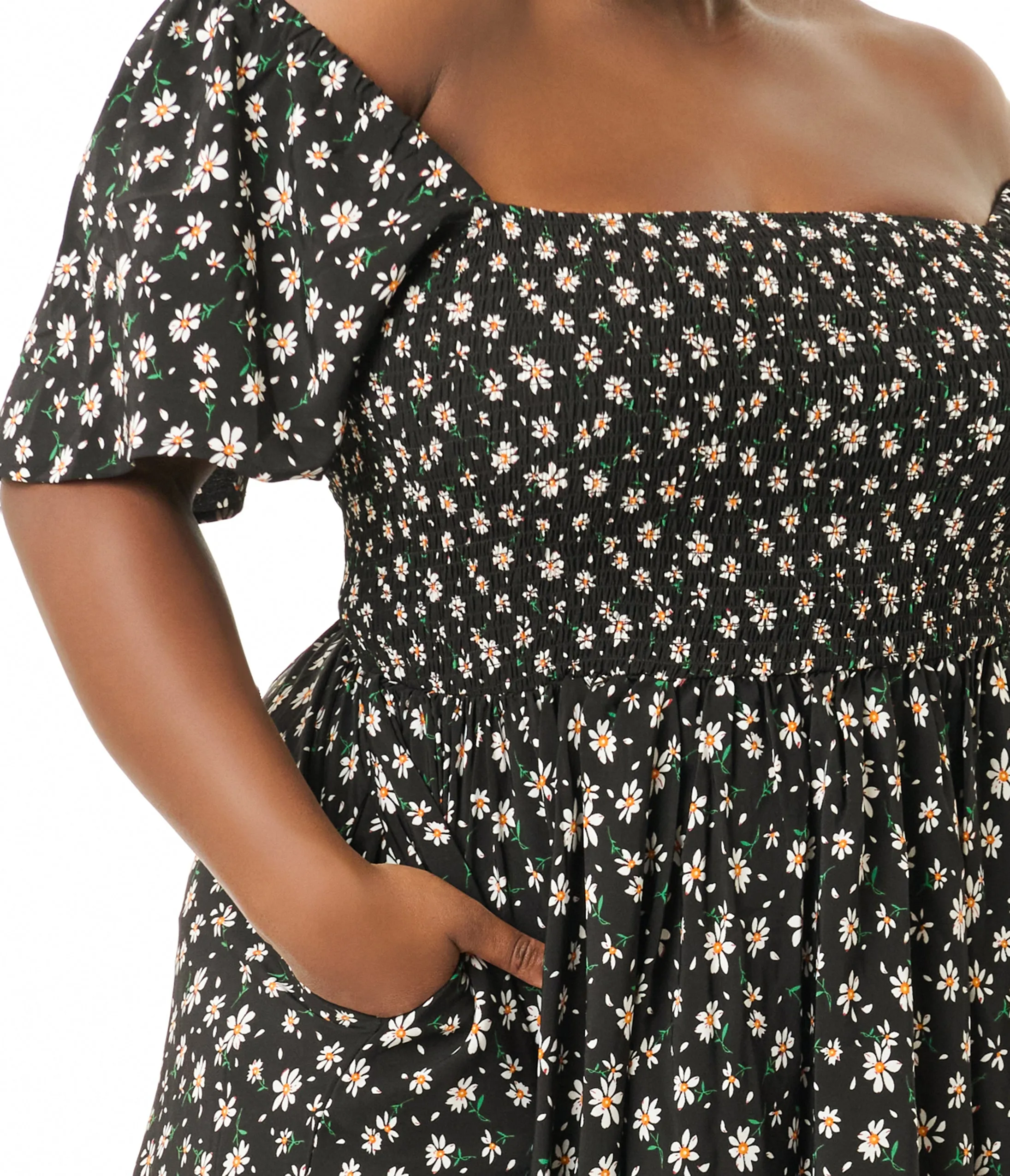 Unique Vintage Plus Size 1960s Black & White Ditsy Floral Smocked Bodice Midi Dress sold by Unique Vintage product image thumbnail 3