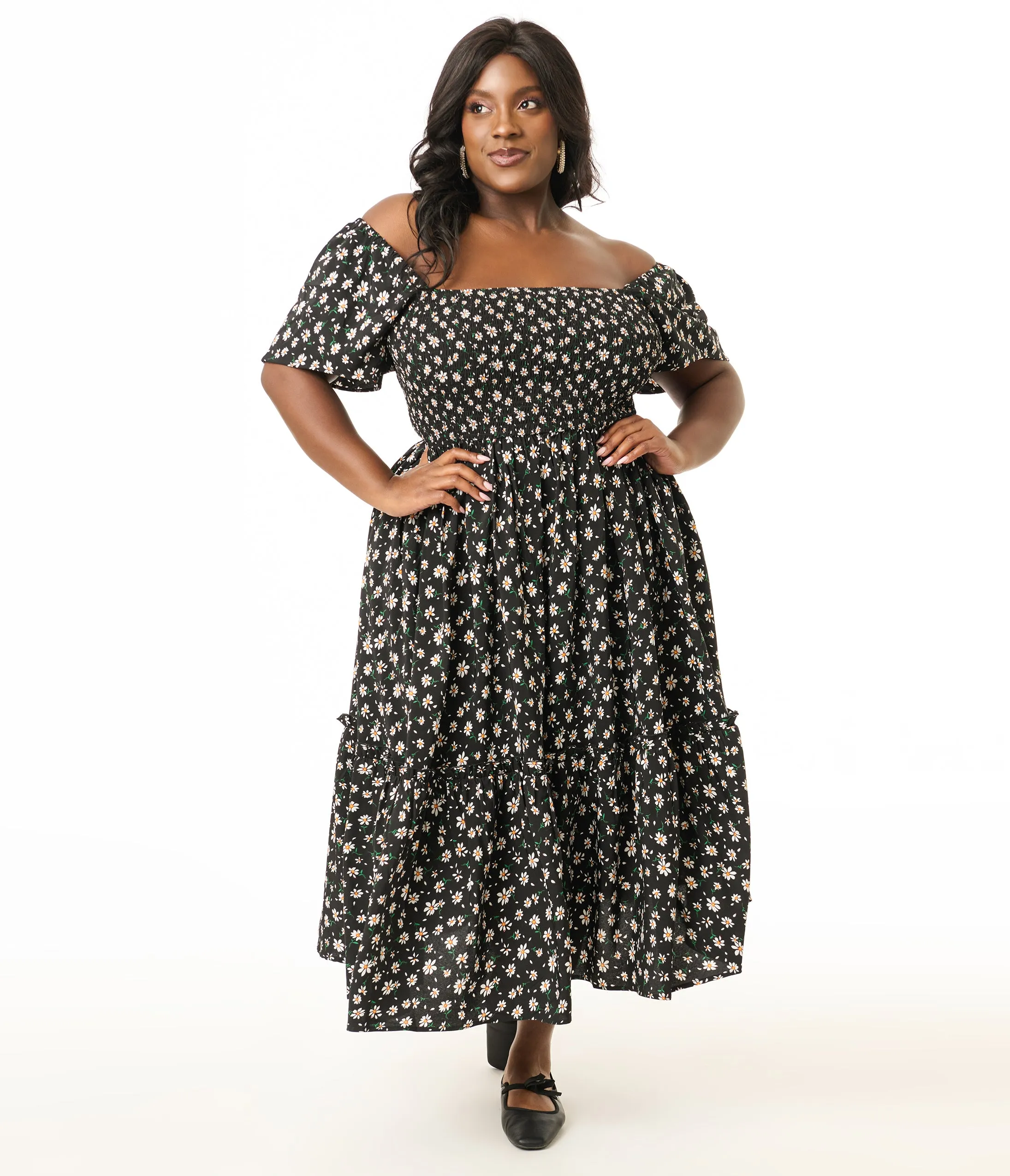 Unique Vintage Plus Size 1960s Black & White Ditsy Floral Smocked Bodice Midi Dress sold by Unique Vintage