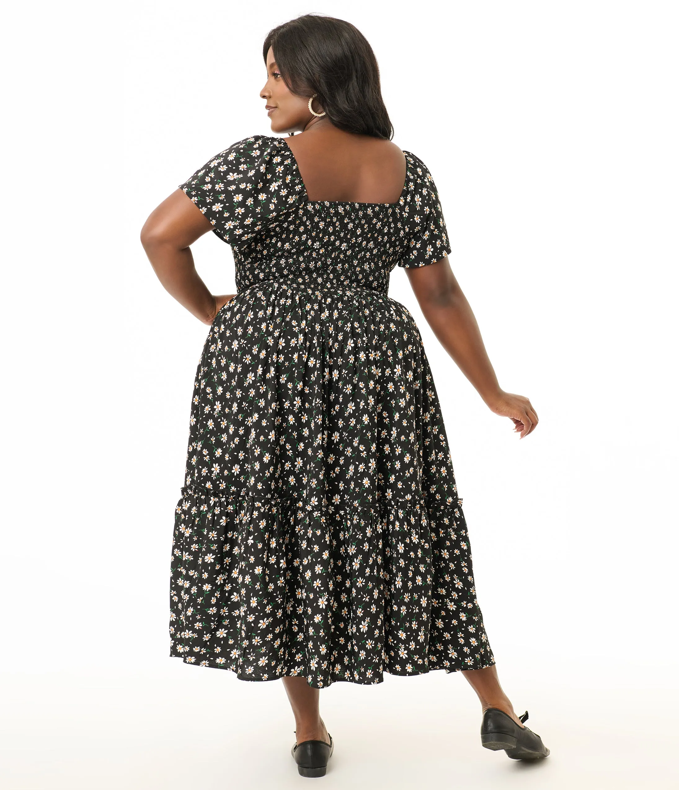 Unique Vintage Plus Size 1960s Black & White Ditsy Floral Smocked Bodice Midi Dress sold by Unique Vintage product image thumbnail 2