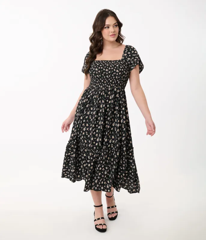 Unique Vintage 1960s Black & White Ditsy Floral Smocked Bodice Midi Dress sold by Unique Vintage