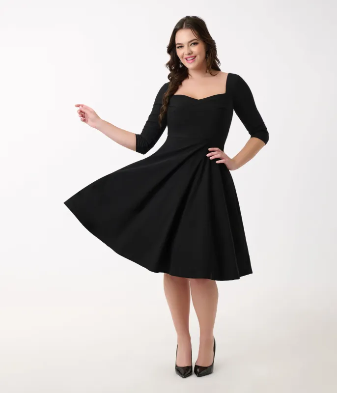 Unique Vintage 1950s Black Pleated Bust Swing Dress sold by Unique Vintage