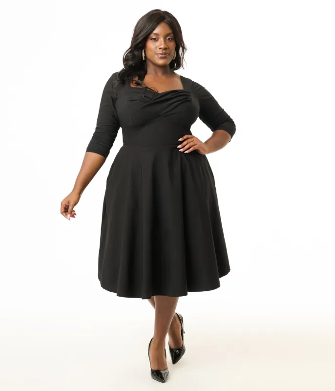 Unique Vintage Plus Size 1950s Black Pleated Bust Swing Dress sold by Unique Vintage