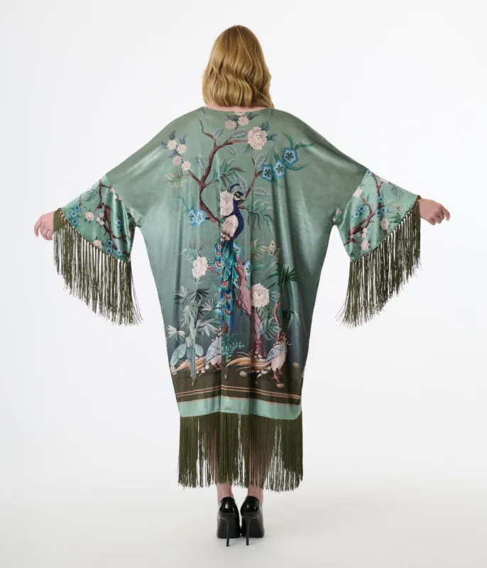 Unique Vintage 1930s Teal Peacock Fringe Kimono sold by Unique Vintage
