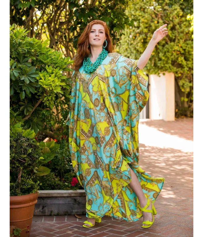 Jennafer Grace Blue & Green Boho Print Caftan Dress sold by Unique Vintage
