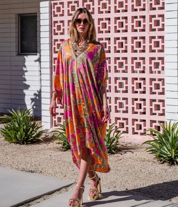 Jennafer Grace Pink & Orange Voglia Rosa Print Caftan Dress sold by Unique Vintage