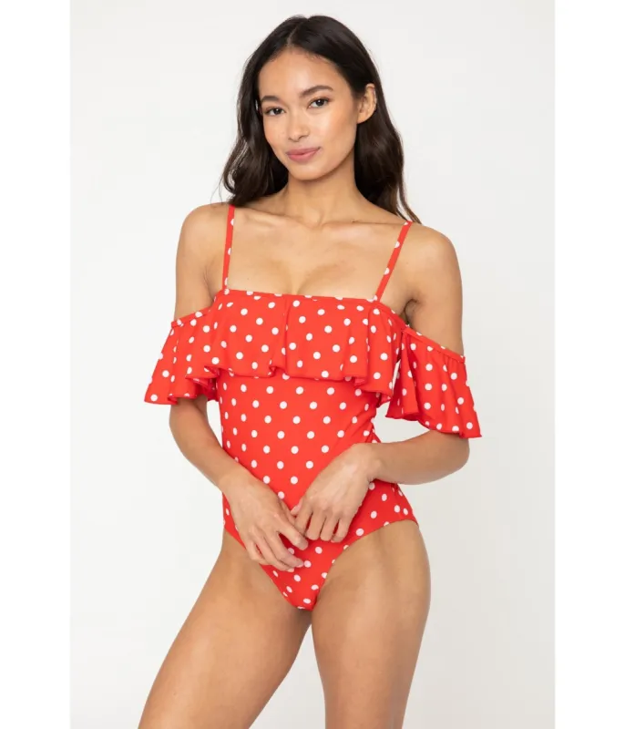 Marina West Red & White Polka Dot Off The Shoulder Ruffle One Piece Swimsuit sold by Unique Vintage