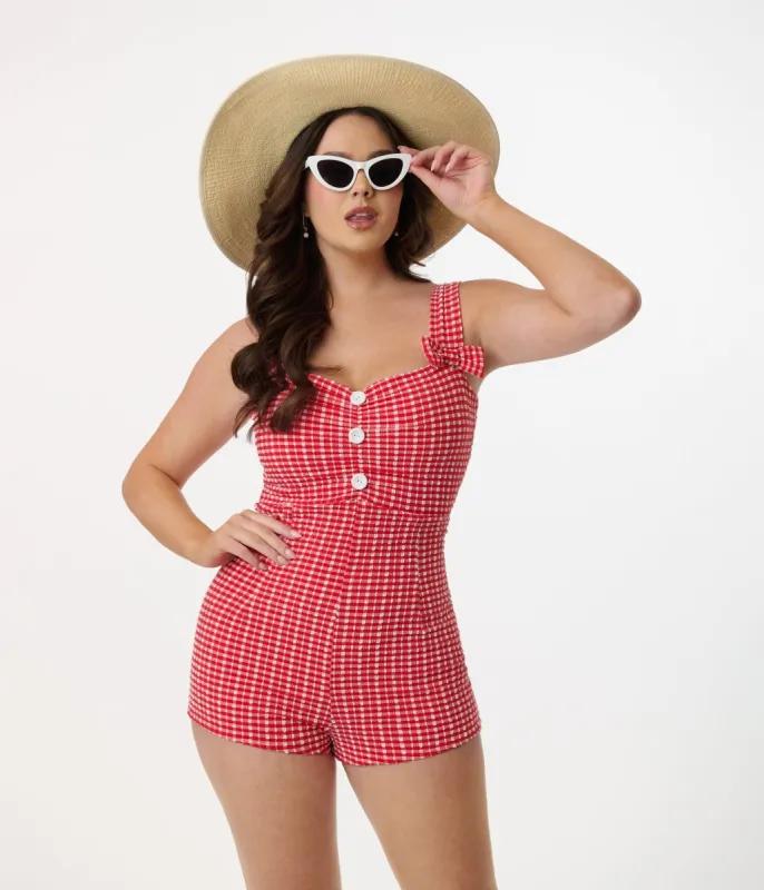 Pinky Pinups 1950s Red Gingham One Piece Swimsuit sold by Unique Vintage