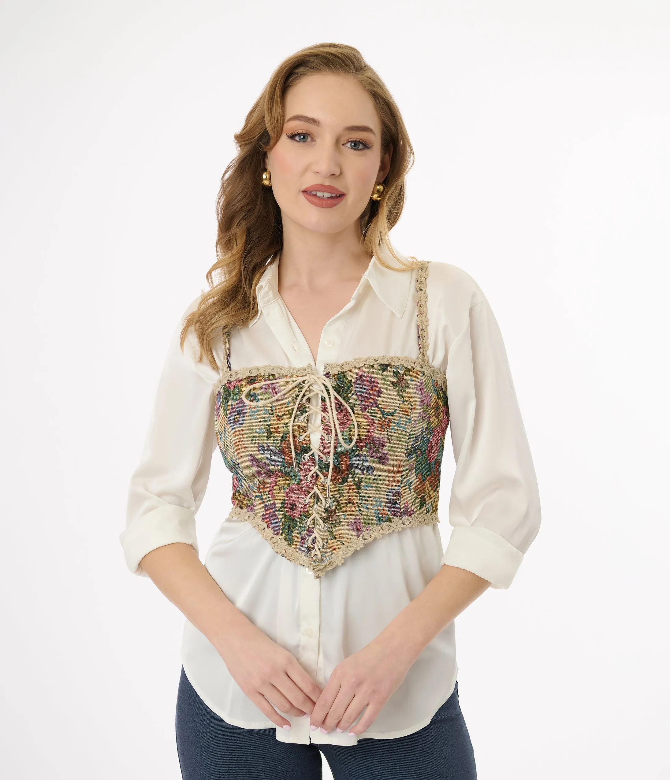 Victorian Style Floral Lace Up Corset sold by Unique Vintage