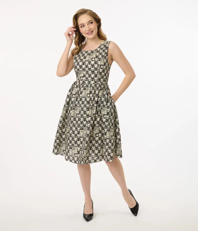 Black Cat Stamp Check Cotton Swing Dress sold by Unique Vintage