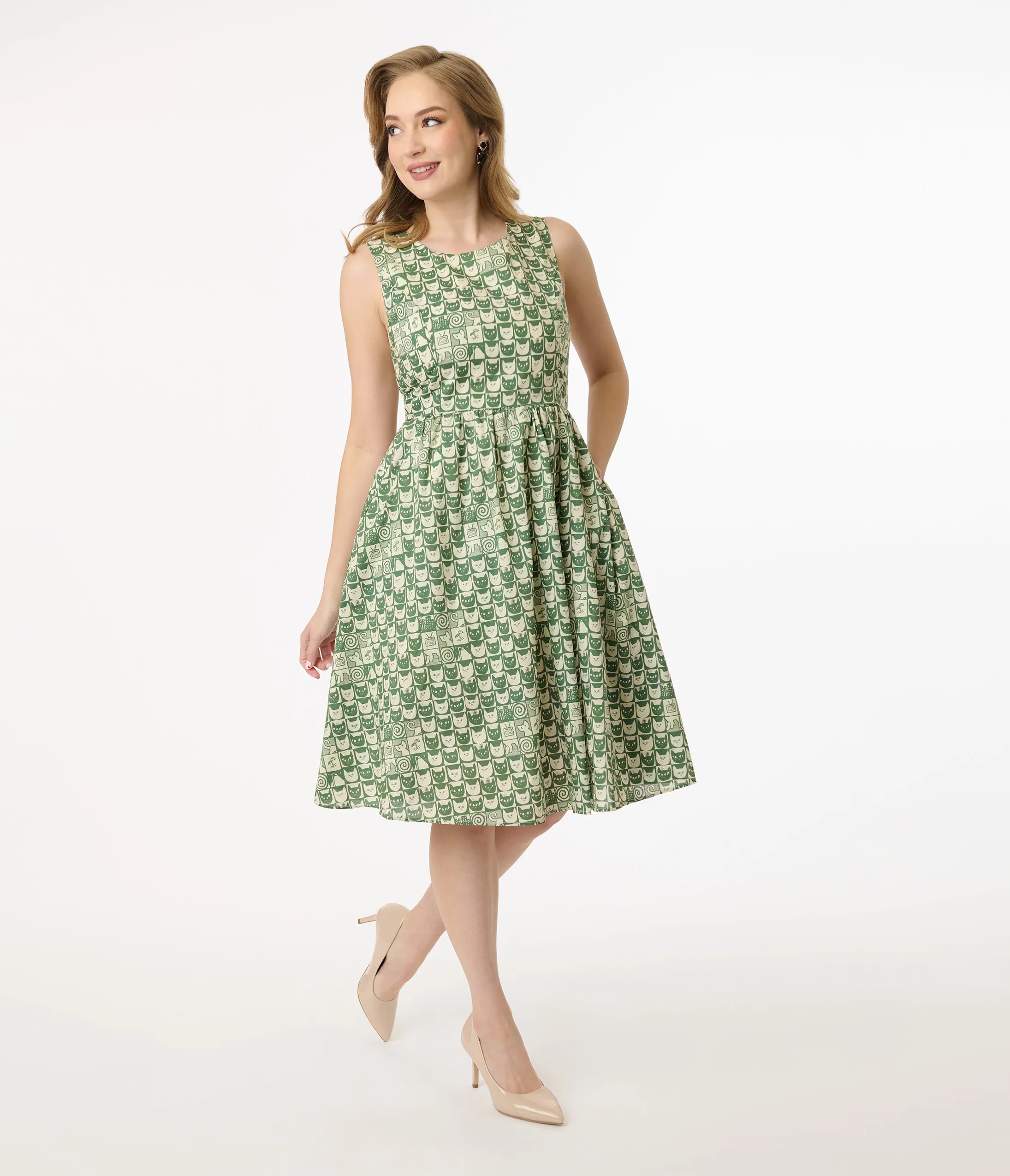 Green Cat Stamp Check Cotton Swing Dress sold by Unique Vintage