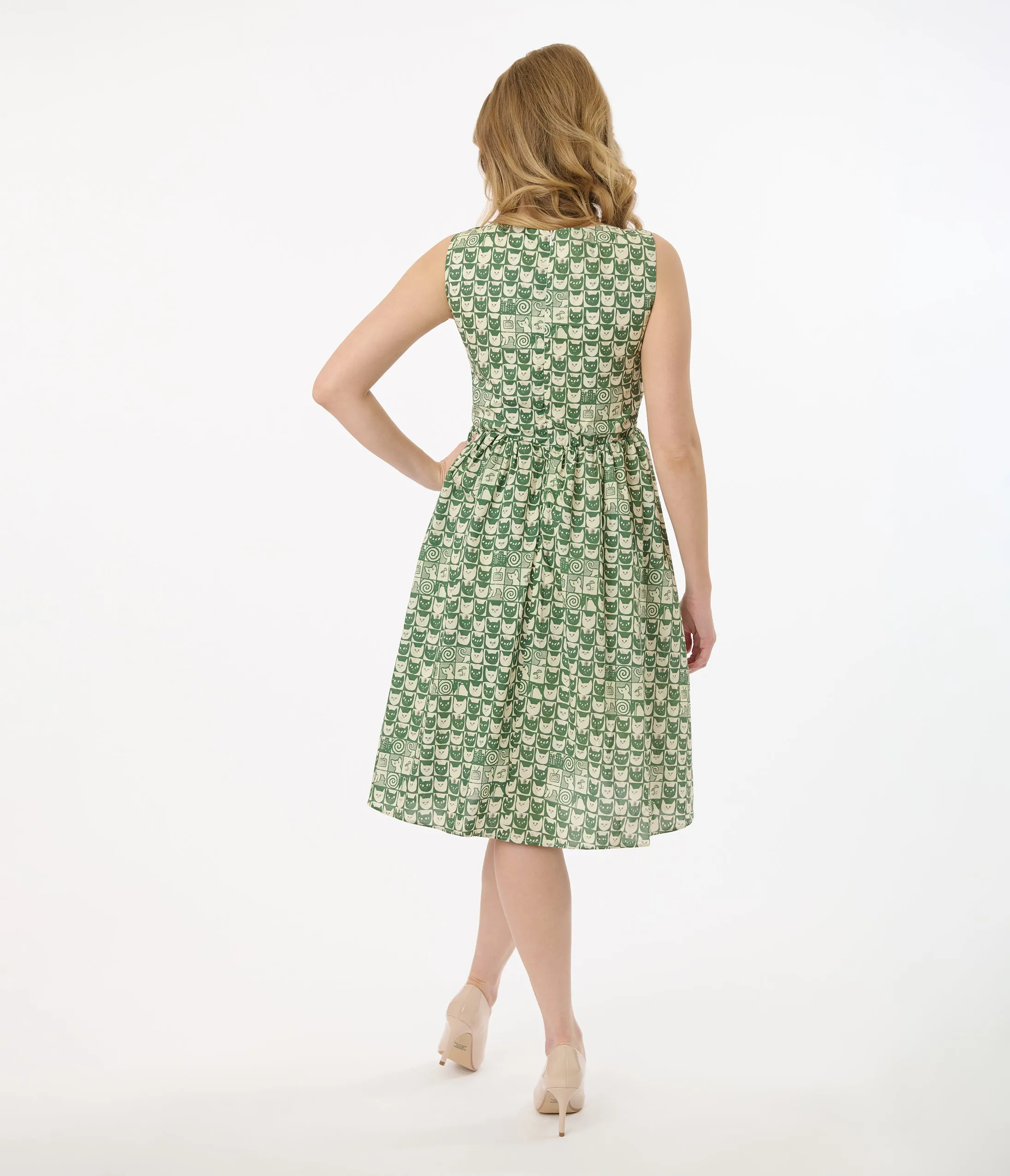 Green Cat Stamp Check Cotton Swing Dress sold by Unique Vintage product image thumbnail 3