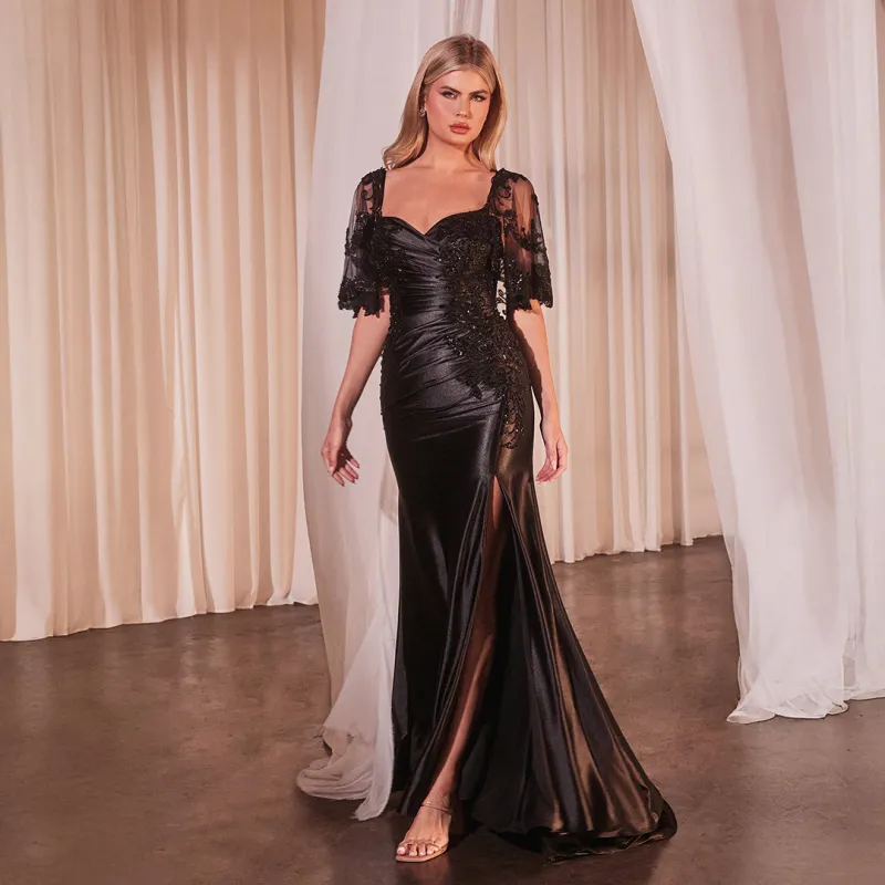 Ladivine by Cinderella Divine Black Floral Applique Satin Capelet Prom Gown sold by Unique Vintage