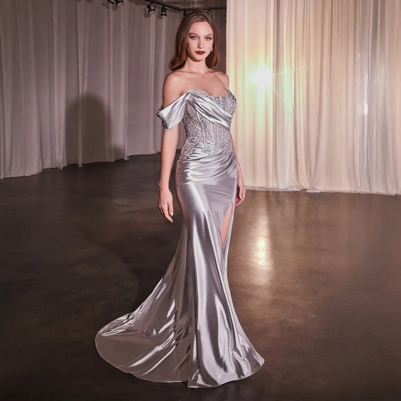Ladivine by Cinderella Divine Silver One Off Shoulder Satin Prom Gown sold by Unique Vintage