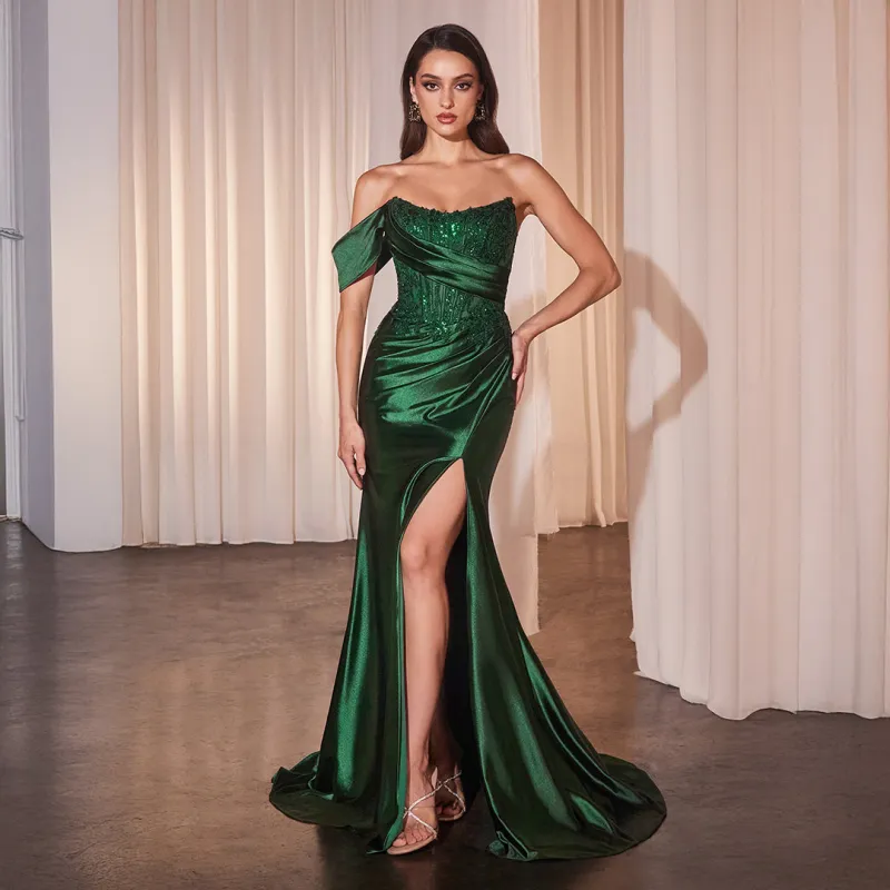 Ladivine by Cinderella Divine Emerald One Off Shoulder Satin Prom Gown sold by Unique Vintage