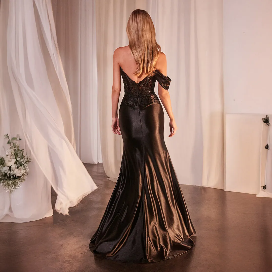 Ladivine by Cinderella Divine Black One Off Shoulder Satin Prom Gown sold by Unique Vintage product image thumbnail 2