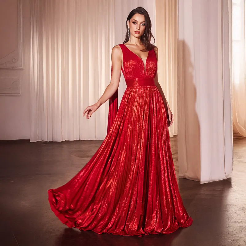 Ladivine by Cinderella Divine Metallic Red Pleated A-Line Prom Gown sold by Unique Vintage