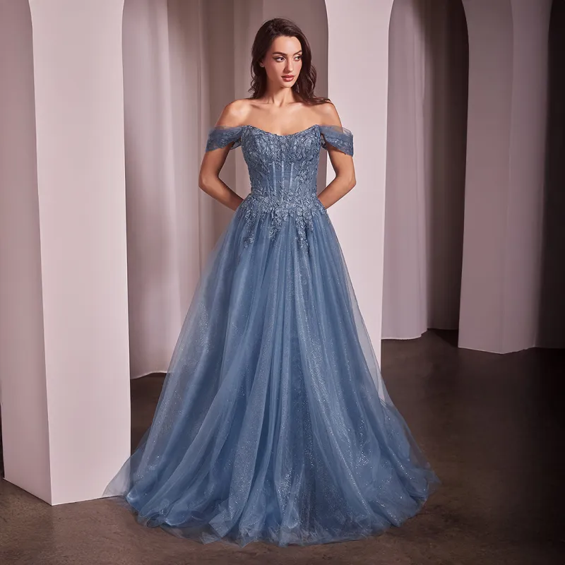 Ladivine by Cinderella Divine Smoky Blue Off The Shoulder Prom Gown sold by Unique Vintage