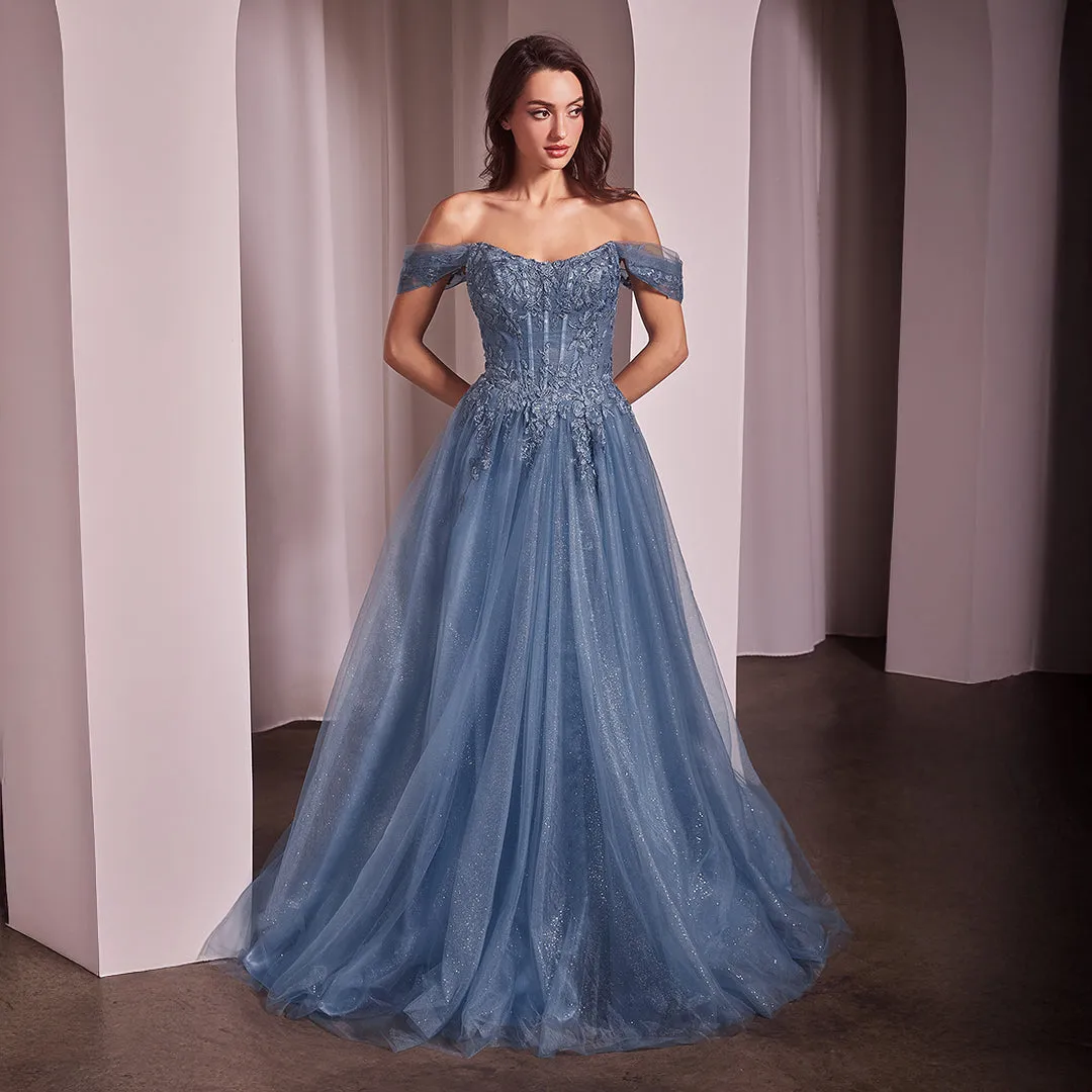 Ladivine by Cinderella Divine Smoky Blue Off The Shoulder Prom Gown sold by Unique Vintage