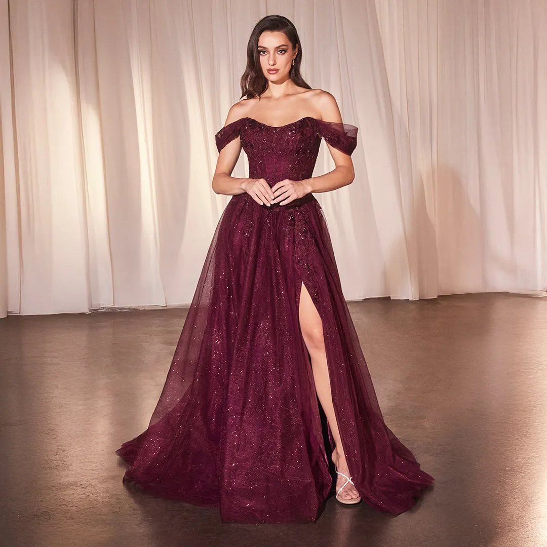 Ladivine by Cinderella Divine Plum Off The Shoulder Prom Gown sold by Unique Vintage