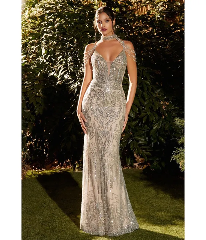 Ladivine by Cinderella Divine Silver Crystal Evening Dress with Choker sold by Unique Vintage