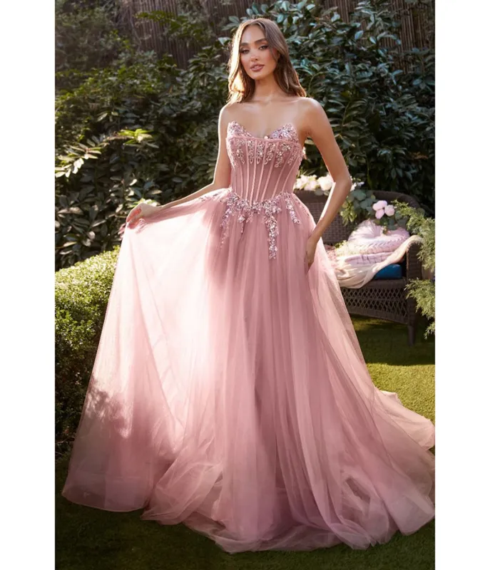 Ladivine by Cinderella Divine Rose Illusion Corset Strapless Evening Dress sold by Unique Vintage