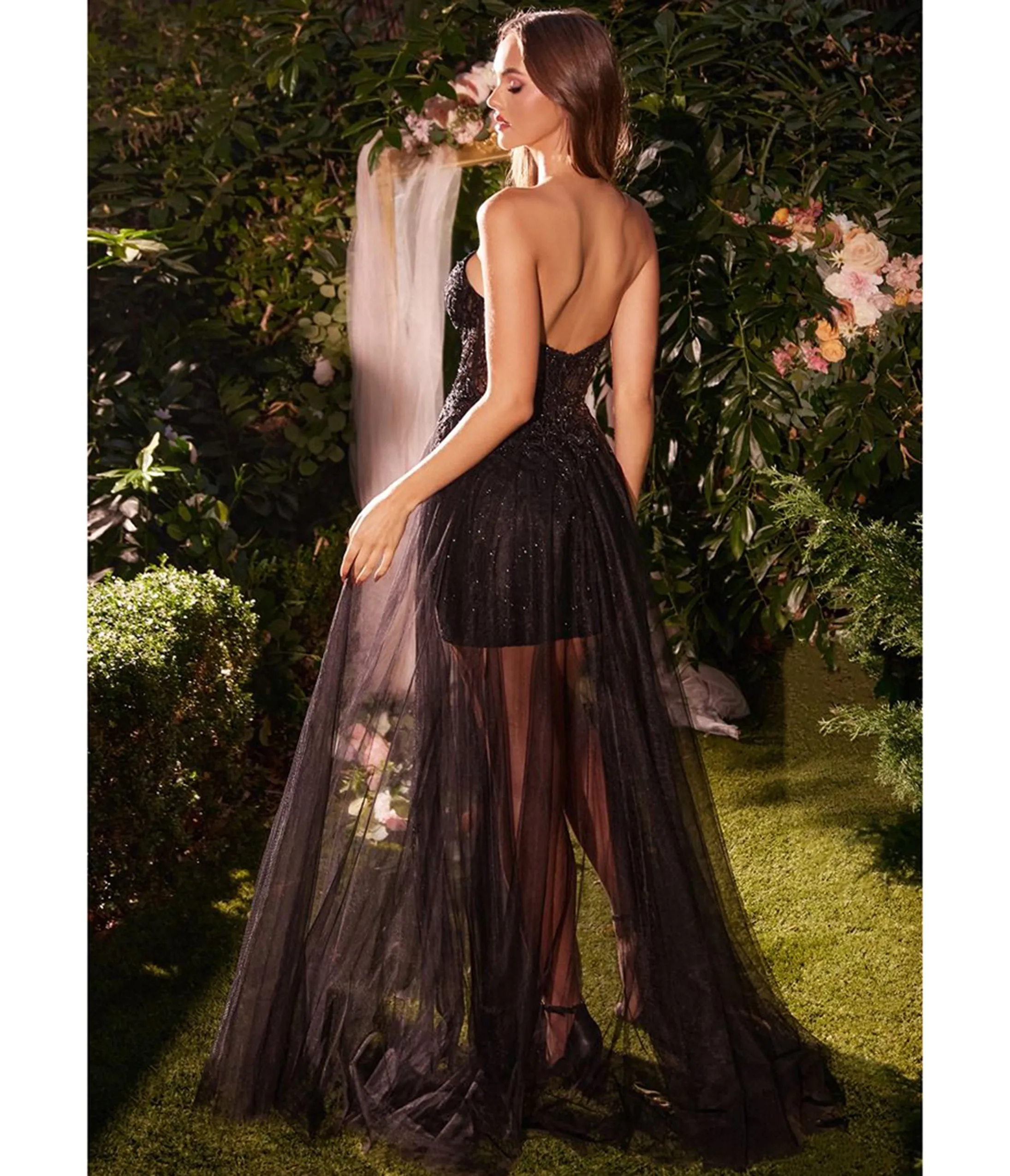 Ladivine by Cinderella Black Sheer Lace Sweetheart Gown with Overskirt sold by Unique Vintage product image thumbnail 2