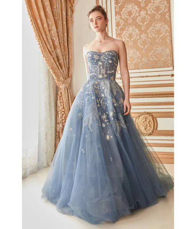 Ladivine by Cinderella Divine Dusty Blue Constellation Tulle Prom Ball Gown sold by Unique Vintage