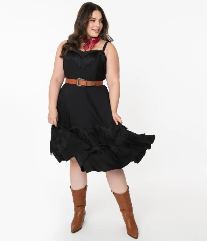 Unique Vintage Plus Size 1950s Black Fringe Girlie Swing Dress sold by Unique Vintage
