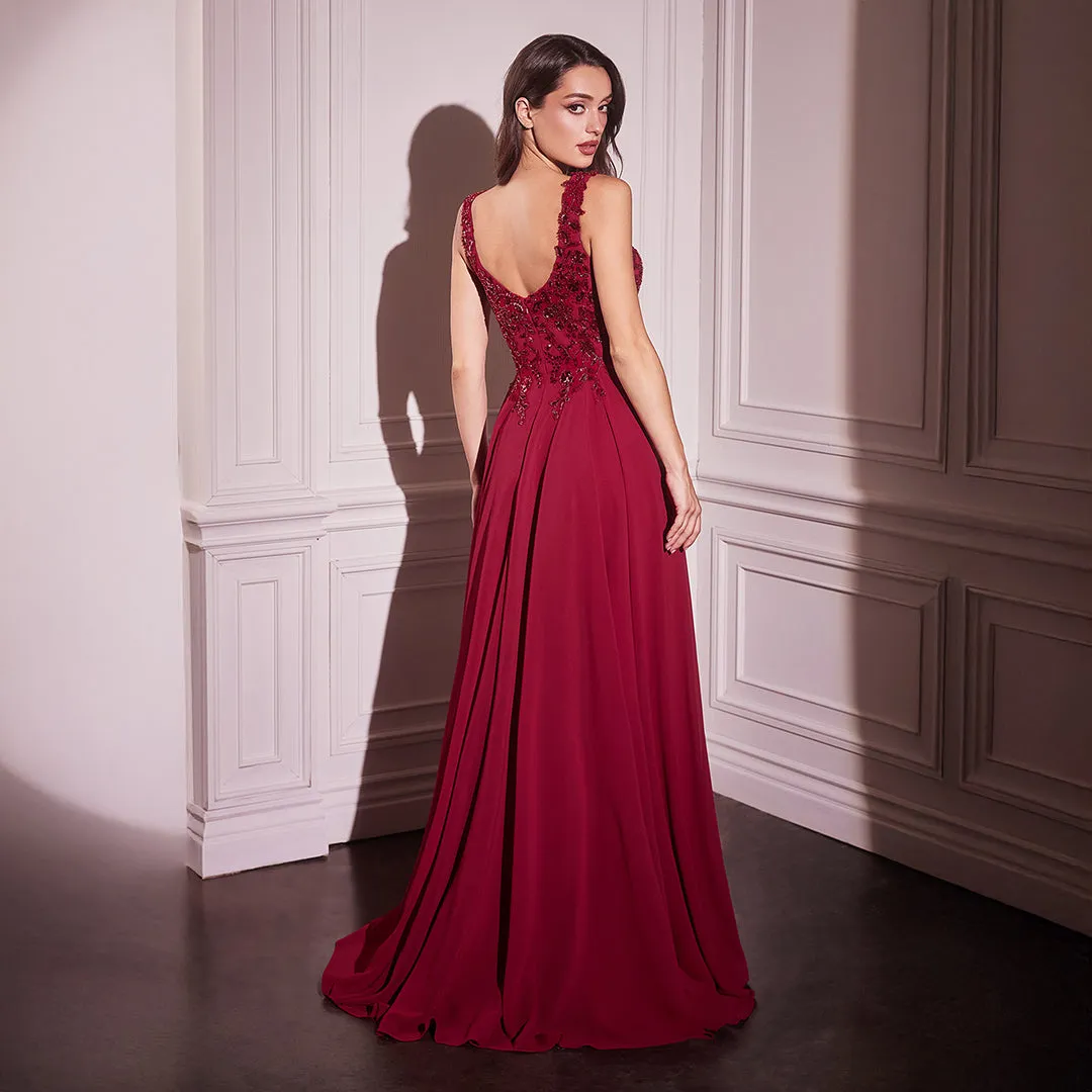 Ladivine by Cinderella Divine Burgundy Sleeveless Beaded Capelet A-line Gown sold by Unique Vintage product image thumbnail 2