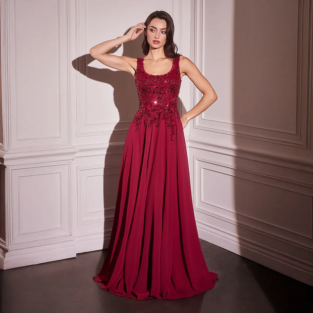 Ladivine by Cinderella Divine Burgundy Sleeveless Beaded Capelet A-line Gown sold by Unique Vintage product image thumbnail 3