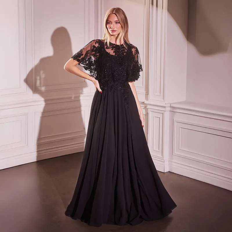 Ladivine by Cinderella Divine Black Sleeveless Beaded Capelet A-line Gown sold by Unique Vintage