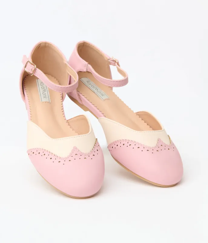 Pink & Cream Leatherette Saddle Mary Jane Flats sold by Unique Vintage