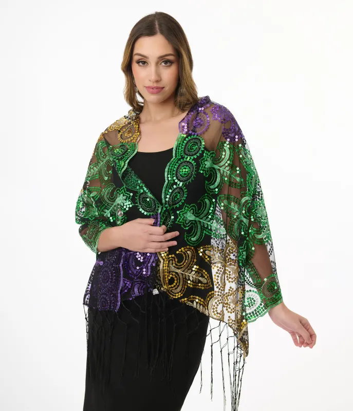 Mardi Gras Sequin Mesh Fringe Shawl sold by Unique Vintage