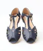 Royal Monk Navy Blue Leatherette Peep Toe T-Strap Flats sold by Unique Vintage