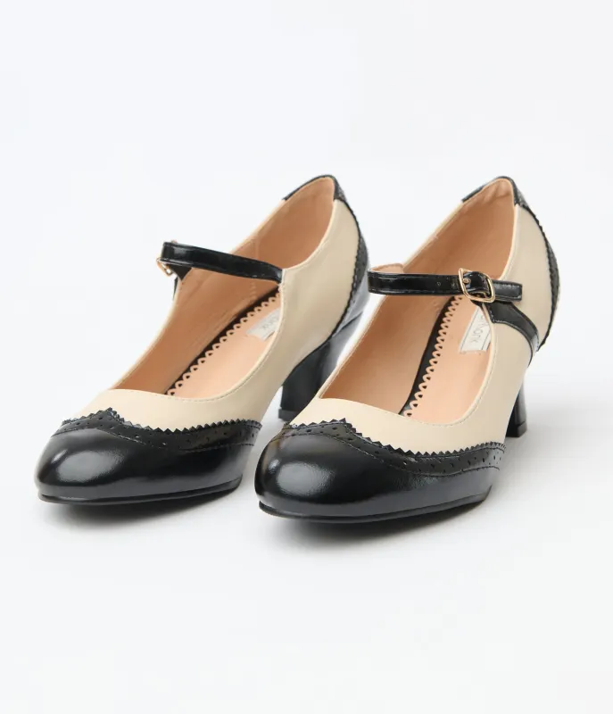 Royal Monk Cream & Black Patent Leatherette Mary Jane Heels sold by Unique Vintage