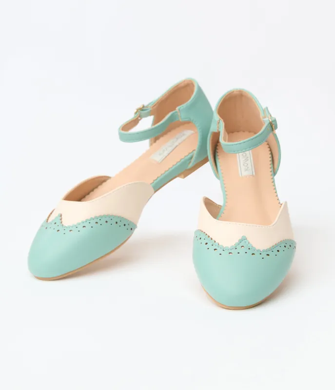 Mint & Cream Leatherette Saddle Mary Jane Flats sold by Unique Vintage