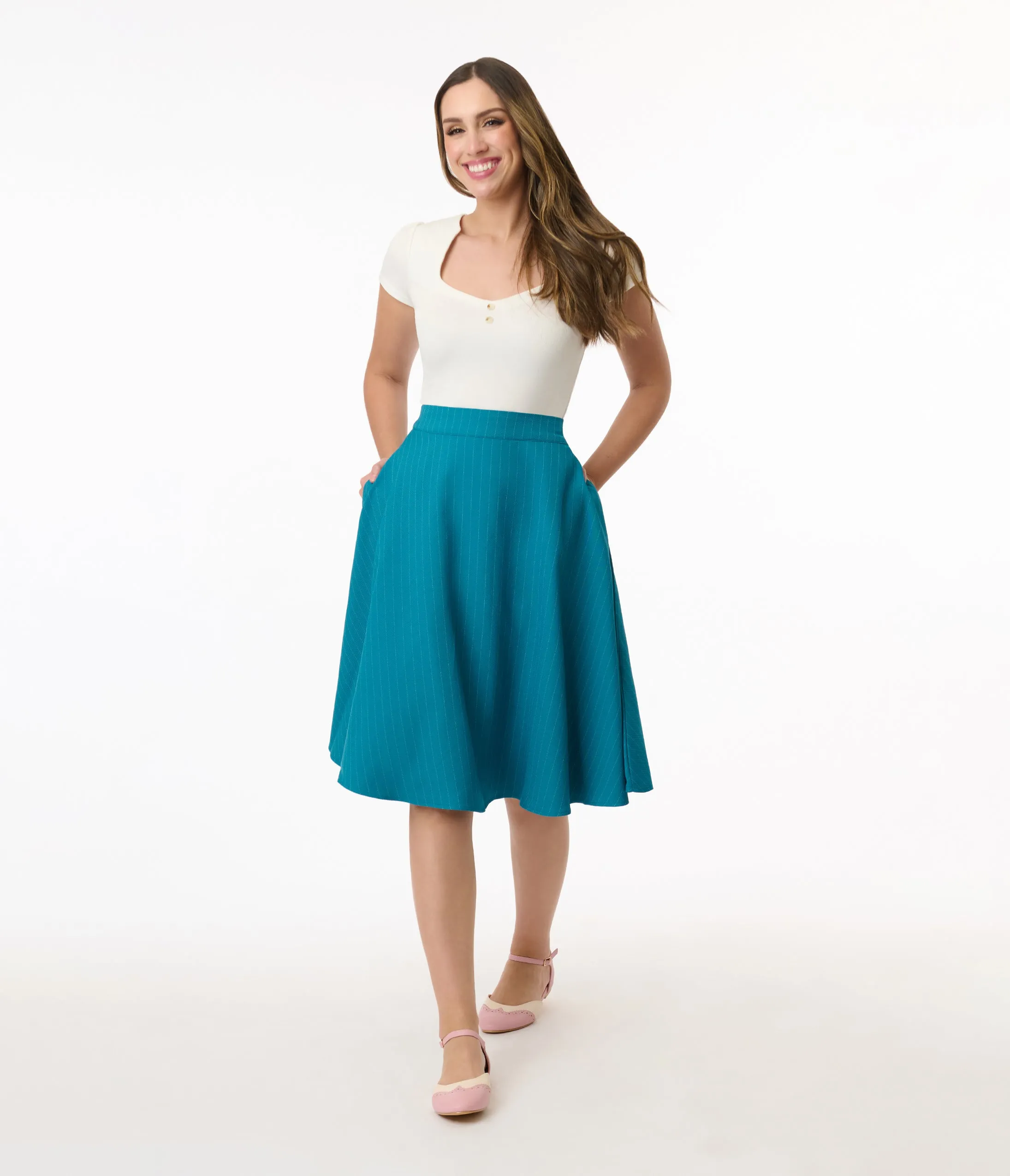 Royal Monk 1950s Blue Pinstripe Swing Skirt sold by Unique Vintage