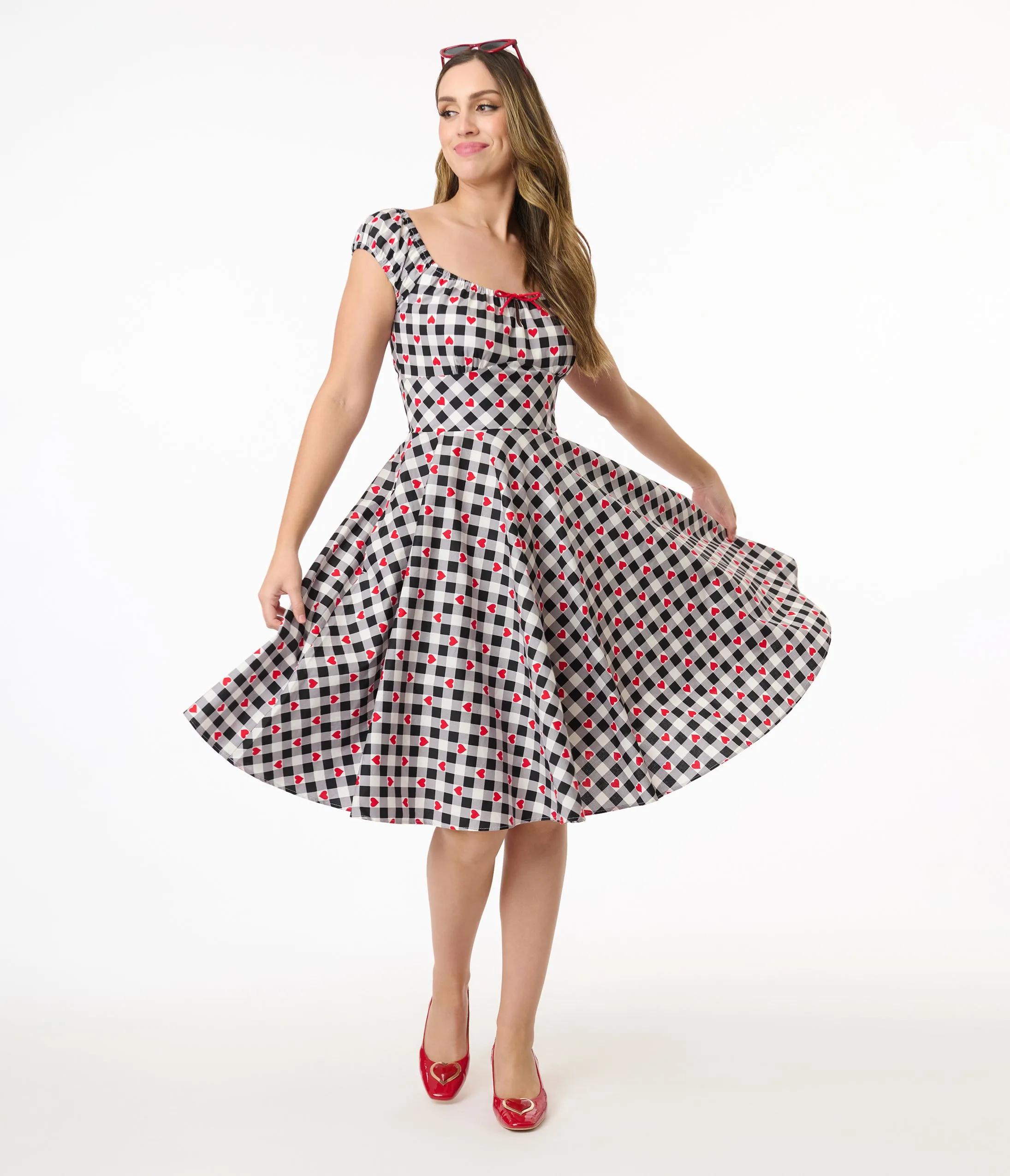 Hell Bunny 1950s Black & White Gingham Hearts Cotton Swing Dress sold by Unique Vintage