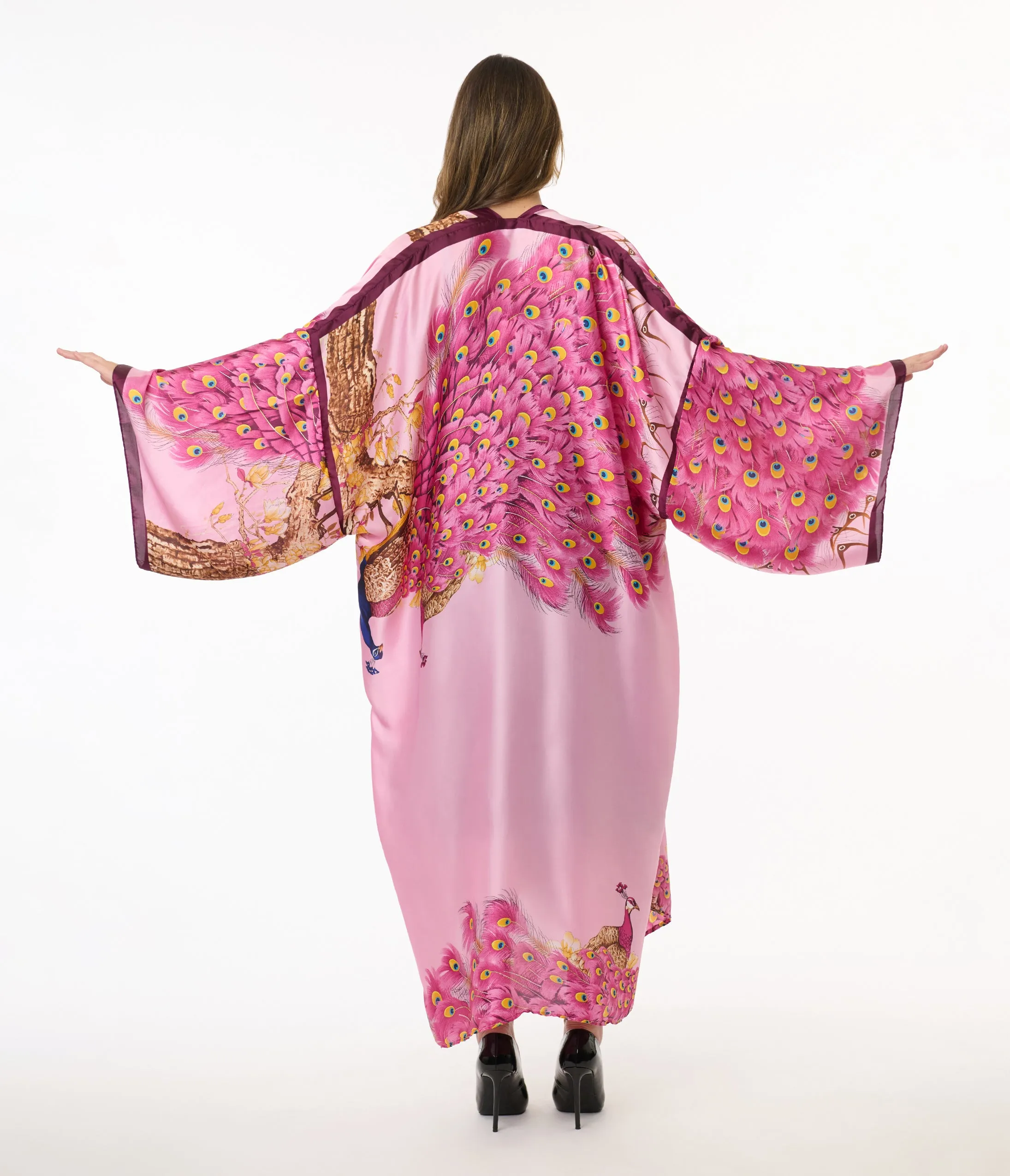 Pink Peacock Satin Kimono sold by Unique Vintage
